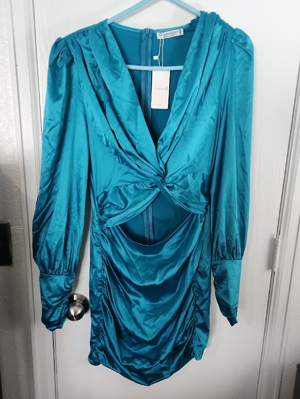Glamaker Teal Satin Twist-Front Mini Dress
